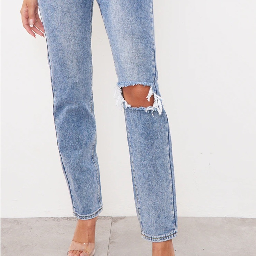 Light Blue Wash Open Knee Long Leg Straight Leg Jeans